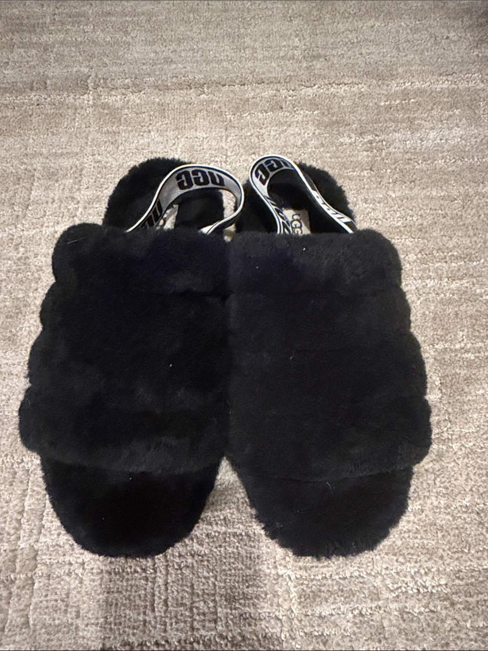 UGG Black Fluff Slide Shearling Slippers with Branded Backstrap